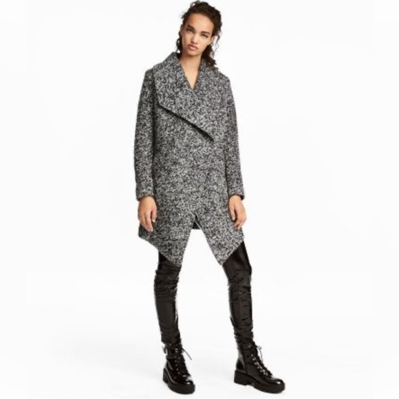 H&M pea coat wall gray black speckle asymmetrical collar pockets sz8 medium - Picture 1 of 13